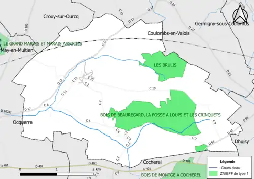 Carte des ZNIEFF de type 1 de la commune.