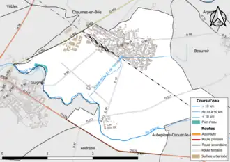Carte en couleur présentant le réseau hydrographique de la commune