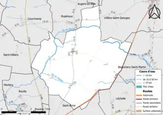 Carte en couleur présentant le réseau hydrographique de la commune