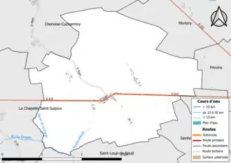 Carte en couleur présentant le réseau hydrographique de la commune