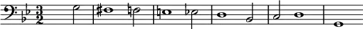 \version "2.18.2"

\new Staff {
\clef bass \key g \minor \time 3/2
s1 g2 fis1 f2 e1 es2 d1 b,2 c d1 g,
} 