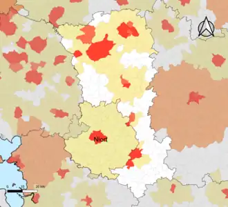Localisation de l'aire d'attraction de Niort dans le département des Deux-Sèvres.