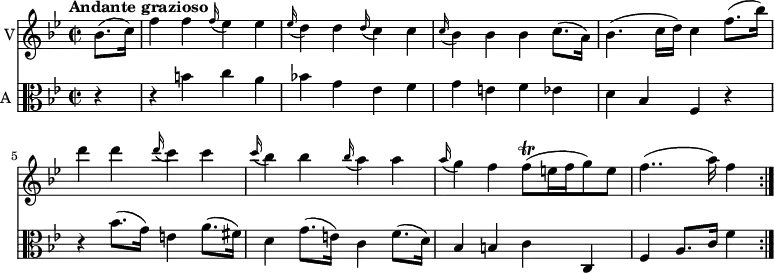 << \new Staff \with { instrumentName = #"V"}
\relative c'' {
\version "2.18.2"
\key bes \major
\tempo "Andante grazioso"
\time 2/2
\tempo 4 = 100
\partial 4
bes8. (c16)
f4 f \grace f16 ( ees4) ees
\grace ees16 ( d4) d \grace d16 (c4) c
\grace c16 (bes4) bes bes c8. (a16)
bes4. (c16 d) c4 f8. (bes16)
d4 d \grace d16 (c4) c
\grace c16 (bes4) bes \grace bes16 (a4) a
\grace a16 (g4) f f8\trill (e16 f g8) e8
f4.. (a16) f4 \bar ":|."
}
\new Staff \with { instrumentName = #"A "} \relative c' {
\key bes \major
\clef "alto"
\partial 4 r4 r
b' c a
bes! g ees f
g e f ees
d bes f r
r bes'8. (g16) e4 a8. (fis16)
d4 g8. (e16) c4 f8. (d16)
bes4 b c c,
f a8. c16 f4
}
>>
