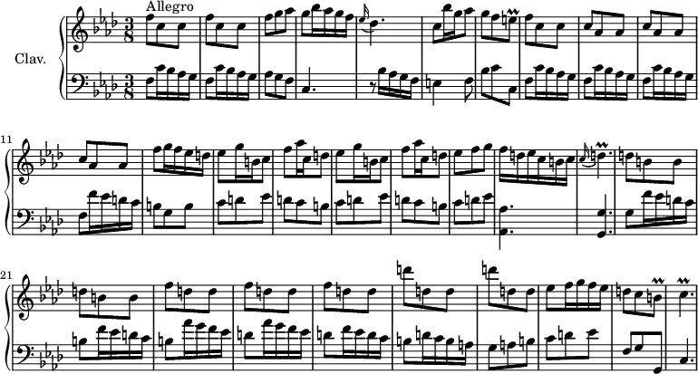 \version "2.18.2"
\header {
tagline = ##f
% composer = "Domenico Scarlatti"
% opus = "K. 186"
% meter = "Allegro"
}
%% les petites notes
trillBq = { \tag #'print { b8\prall } \tag #'midi { c32 b c b } }
trillCqp = { \tag #'print { c4.\prall } \tag #'midi { d32 c d c~ c4 } }
trillDqp = { \tag #'print { d4.\prall } \tag #'midi { ees32 d ees d~ d4 } }
trillEq = { \tag #'print { e8\prall } \tag #'midi { f32 e f e } }
upper = \relative c'' {
\clef treble
\key f \minor
\time 3/8
\tempo 4. = 76
\set Staff.midiInstrument = #"harpsichord"
\override TupletBracket.bracket-visibility = ##f
s8*0^\markup{Allegro}
\repeat unfold 2 { f8 c c } | f g aes | g bes16 aes g f | \appoggiatura ees16 des4. |
% ms. 6
c8 bes'16 g aes8 | g f \trillEq | f8 c c | \repeat unfold 3 { c aes aes } |
% ms. 12
f'8 g16 f ees d | \repeat unfold 2 { ees8 g16 b, c8 | f aes16 c, d8 } | ees8 f g |
% ms. 18
f16 d ees c b c | \appoggiatura c16 \trillDqp | \repeat unfold 2 { d8 b b } | \repeat unfold 3 { f' d d }
% ms. 25
\repeat unfold 2 { d'8 d, d } | ees8 f16 g f ees | d8 c \trillBq | \trillCqp
}
lower = \relative c' {
\clef bass
\key f \minor
\time 3/8
\set Staff.midiInstrument = #"harpsichord"
\override TupletBracket.bracket-visibility = ##f
% ************************************** \appoggiatura a16 \repeat unfold 2 { } \times 2/3 { } \omit TupletNumber
\repeat unfold 2 { f,8 c'16 bes aes g } | aes8 g f | c4. | r8 bes'16 aes g f |
% ms. 6
e4 f8 | bes c c, | \repeat unfold 3 { f c'16 bes aes g } | f8 f'16 ees d c |
% ms. 12
b8 g b | \repeat unfold 2 { c d ees | d c b } | c d ees |
% ms. 18
< aes,, aes' >4. | < g g' > | g'8 f'16 ees d c | b8 f'16 ees d c | b8 aes'16 g f ees | d8 aes'16 g f ees |
% ms. 24
d8 f16 ees d c | b8 d16 c b a | g8 a b | c d ees | f, g g, | c4.
}
thePianoStaff = \new PianoStaff <<
\set PianoStaff.instrumentName = #"Clav."
\new Staff = "upper" \upper
\new Staff = "lower" \lower
>>
\score {
\keepWithTag #'print \thePianoStaff
\layout {
#(layout-set-staff-size 17)
\context {
\Score
\override SpacingSpanner.common-shortest-duration = #(ly:make-moment 1/2)
\remove "Metronome_mark_engraver"
}
}
}
\score {
\keepWithTag #'midi \thePianoStaff
\midi { }
}