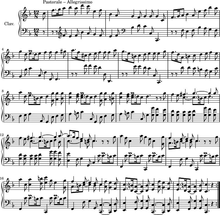 \version "2.18.2"
\header {
tagline = ##f
% composer = "Domenico Scarlatti"
% opus = "K. 446"
% meter = "Pastorale Allegrissimo"
}
%% les petites notes
trillAccoCEesqp = { \tag #'print { < c e >8.\prall } \tag #'midi { << { c8. } \\ { f32 e f e~ e16 } >> } }
trillCqp = { \tag #'print { c8.\prall } \tag #'midi { d32 c d c~ c16 } }
trillEqp = { \tag #'print { e8.\prall } \tag #'midi { f32 e f e~ e16 } }
upper = \relative c'' {
\clef treble
\key f \major
\time 12/8
\tempo 4. = 72
\set Staff.midiInstrument = #"harpsichord"
\override TupletBracket.bracket-visibility = ##f
\repeat volta 2 {
\partial 8
s8*0^\markup{Pastorale – Allegrissimo}
c8 | f8. g16 a8 bes4 a8 d4 c8 e,4 f8 | bes,4 a8 g4 f8 g4 g8 g4 c,8 | f8. g16 a8 bes4 a8 e'4 f8 bes4 a8 |
% ms. 4
g4 d8 \trillEqp d16 e8 f4 f8 f4 gis8 | a8. f16 cis8 d4 e8 f4 f8 f4 a8 | g8. e16 b8 c4 d8 e4 e8 e4 g8 | f8. d16 a8 b4 c8 d4 e8 f4 e8 |
% ms. 8
a4 d,8 \trillEqp b16 c8 d4 < g, g' >8 < a g' >4 < b g' >8 | < c g' >4 < d f >8 \trillAccoCEesqp d16 c8 d4 < g, g' >8 < a g' >4 < b g' >8 | < c g' >4 < d f >8 \trillAccoCEesqp d16 c8 d4. r8 r8 g8 |
% ms. 11
f4 e8 << { fis4. g4.~ g4 g8 } \\ { c,4.~ c8. b16 c8 d4. } >> | f4 e8 << { fis4. g4.~ g4 a8~ | a8. g16 f8 e4 d8 c4. } \\ { c4.~ c8. b16 c8 d4 b8 | c4.~ c4 b8 c4. } >> r8 r8 g'8 |
% ms. 14
a4f8 c4 a'8 g4 e8 c4 <g g' >8 | << { f'4 e8~ e4 d8 c4. } \\ { a8. b16 c8~ c4 b8 c4. } >> r8 r8 g'8 a4 c,8 <c a' >4 < d b' >8 < e c' >4 g8 e4 | < g, g' >8 |
% ms. 17
<< { f'4 e8~ e4 d8 c4 } \\ { a8. b16 c8~ c4 b8 c4 } >> < a f' >8 < g e' >4 < f d' >8 | < e c' >8. < d b' >16 < c a' >8~ q4 < d b' >8 < e c' >4 < a f' >8 < g e' >4 < f d' >8 | < e c' >8. < d b' >16 < c a' >8~ q4 \tempo 4. = 52 < d b' >8 \tempo 4. = 35 < c c' >4. r4 \tempo 4. = 72 }%repet
}
lower = \relative c' {
\clef bass
\key f \major
\time 12/8
\set Staff.midiInstrument = #"harpsichord"
\override TupletBracket.bracket-visibility = ##f
\repeat volta 2 {
% ************************************** \appoggiatura a16 \repeat unfold 2 { } \times 2/3 { } \omit TupletNumber
r8 | r8 r8 \clef treble f8 e4 f8 bes4 a8 g4 f8 | e4 f8 \clef bass bes,4 d8 c4 c,8 c,4. | r8 r8 f' e4 f8 bes4 a8 g4 f8 |
% ms. 4
bes,4 bes'8 c4 c,8 f4 f,8 f4. | r8 r8 f''8 f4 e8 d4 d,8 d,4. | r8 r8 e''8 e4 d8 c4 c,8 c,4. | r8 r8 d''8 d4 c8 b4 a8 g4 c8 |
% ms. 8
f,4 g8 a4 a,8 g4 e'8 f4 g8 | a4 b8 c4 c,8 g4 e'8 f4 g8 | a4 b8 c4 c,8 g'4 < g g' >8 < g f' >4 < g e' >8 |
% ms. 11
< g d' >4 < g c >8 q4 q8 < g d' >4 < g g' >8 < g f' >4 < g e' >8 | < g d' >4 < g c >8 q4 q8 < g d' >4 < g g' >8 q4 < f f' >8 | < e e' >4 f8 g4 g,8 c4 c'8 \trillCqp b16 c8 |
% ms. 14
f,,4 c''8 \trillCqp b16 c8 c,,4 c''8 \trillCqp b16 c8 | f,,4 f'8 g4 g,8 c,4 c''8 \trillCqp b16 c8 | f,,4 c''8 \trillCqp b16 c8 c,,4 c''8 \trillCqp b16 c8 |
% ms. 17
f,,4 f'8 g4 g,8 \repeat unfold 2 { < c, c' >4.~ q4 < d d' >8 | < e e' >4 < f f' >8 < g g' >4 q8 } < c, c' >4. r4 }%repet
}
thePianoStaff = \new PianoStaff <<
\set PianoStaff.instrumentName = #"Clav."
\new Staff = "upper" \upper
\new Staff = "lower" \lower
>>
\score {
\keepWithTag #'print \thePianoStaff
\layout {
#(layout-set-staff-size 17)
\context {
\Score
\override SpacingSpanner.common-shortest-duration = #(ly:make-moment 1/2)
\remove "Metronome_mark_engraver"
}
}
}
\score {
\unfoldRepeats
\keepWithTag #'midi \thePianoStaff
\midi { }
}