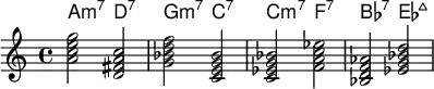 <<
    \new ChordNames \chordmode {
  a2:m7 d:7 g:m7 c:7 c:m7 f:7 bes:7 es:maj
  }
  \new Staff \relative c''{
<a c e g> < d, fis a c > <g bes d f> <c, e g bes> <c ees g bes> <f a c ees> <bes, d f aes> < ees g bes d> }

  >>