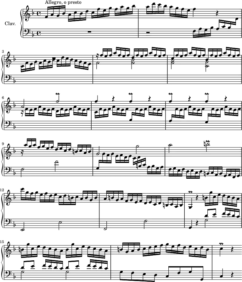 \version "2.18.2"
\header {
tagline = ##f
% composer = "Domenico Scarlatti"
% opus = "K. 445"
% meter = "Allegro, o presto"
}
%% les petites notes
trillFbUp = { \tag #'print { f'2\prall } \tag #'midi { g32 f g f~ f8~ f4 } }
trillF = { \tag #'print { f4\prall } \tag #'midi { g32 f g f~ f8 } }
trillBb = { \tag #'print { b2\prall } \tag #'midi { c32 b c b~ b8~ b4 } }
trillG = { \tag #'print { g4\prall } \tag #'midi { a32 g a g~ g8 } }
trillC = { \tag #'print { c4\prall } \tag #'midi { d32 c d c~ c8 } }
upper = \relative c'' {
\clef treble
\key f \major
\time 4/4
\tempo 4 = 126
\set Staff.midiInstrument = #"harpsichord"
\override TupletBracket.bracket-visibility = ##f
s8*0^\markup{Allegro, o presto}
f,16 a g bes a c bes \stemDown \change Staff = "upper" d | c16 f e g f a g bes a d c bes a g f e | f4 r4
% ms. 3
R1 | \stemUp r16 f16 e f a f e f d f e f a f e f |
% ms. 5
c16 f e f a f e f bes, f' e f a f e f | a,2 \trillFbUp | f4 r4 \repeat unfold 3 { \trillF r4 } |
% ms. 9
r16 a16 g a f g e f d e c d b c a b | \stemNeutral g2 g' |
% ms. 11
a2 \trillBb | c16 g f g e f d e c d b c a b g b | a b g a f g e f d e c d b c a b |
% ms. 14
\trillG r4 \repeat unfold 3 { b'16 g' c, e d c b a } | b g a b c d e f g e f d e c d b |
% ms. 17
\trillC r4
}
lower = \relative c' {
\clef bass
\key f \major
\time 4/4
\set Staff.midiInstrument = #"harpsichord"
\override TupletBracket.bracket-visibility = ##f
% ************************************** \appoggiatura a16 \repeat unfold 2 { } \times 2/3 { } \omit TupletNumber
R1 | r2 | f,16 a g bes a c bes \stemDown \change Staff = "upper" d |
% ms. 3
c16 f e g f a g bes a d c bes a g f e | f2 < f bes >
% ms. 5
< f a >2 < c g' > | r16 f16 e f a f e f d f e f a f e f | c f e f a f e f \stemUp \change Staff = "lower" bes, \stemDown \change Staff = "upper" f' e f a f e f | \stemUp \change Staff = "lower"
% ms. 8
a,16 \stemDown \change Staff = "upper" f' e f a f e f \stemUp \change Staff = "lower" g, \stemDown \change Staff = "upper" f' e f a f e f | \stemNeutral \change Staff = "lower" f,2 f' | g,16 \stemDown \change Staff = "upper" g' f g e f d e c d \stemUp \change Staff = "lower" b c \stemNeutral a b g a |
% ms. 11
f16 g e f d e c d b c a b g a f g | e2 e' | f, f' |
% ms. 14
g,4 r4 \repeat unfold 3 { << { d''8 e f16 e d c } \\ { g2 } >> } | g8 f e d c f g g, |
% ms. 17
c4 r4
}
thePianoStaff = \new PianoStaff <<
\set PianoStaff.instrumentName = #"Clav."
\new Staff = "upper" \upper
\new Staff = "lower" \lower
>>
\score {
\keepWithTag #'print \thePianoStaff
\layout {
#(layout-set-staff-size 17)
\context {
\Score
\override SpacingSpanner.common-shortest-duration = #(ly:make-moment 1/2)
\remove "Metronome_mark_engraver"
}
}
}
\score {
\keepWithTag #'midi \thePianoStaff
\midi { }
}