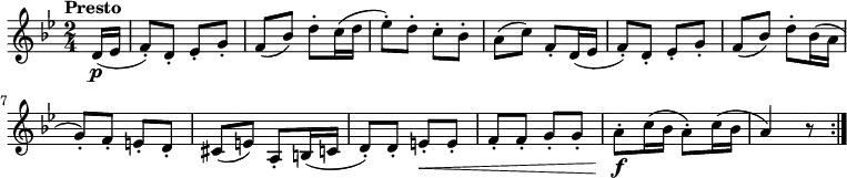 \version "2.18.2"
\relative c' {
\key bes \major
\time 2/4
\tempo "Presto"
\tempo 4 = 150
\partial 8 d16 \p (ees f8-.) d-. ees-. g-.
f (bes) d-. c16 (d ees8-.)
d-. c-. bes-.
a (c) f,-. d16 (ees f8-.) d-. ees-. g-.
f (bes) d-. bes16 (a g8-.) f-. e-. d-.
cis (e) a,-. b16 (c d8-.) d-. e-. \< e-.
f-. f-. g-. g-.
a-. \f c16 (bes a8-.) c16 (bes a4)
r8 \bar ":|."
}