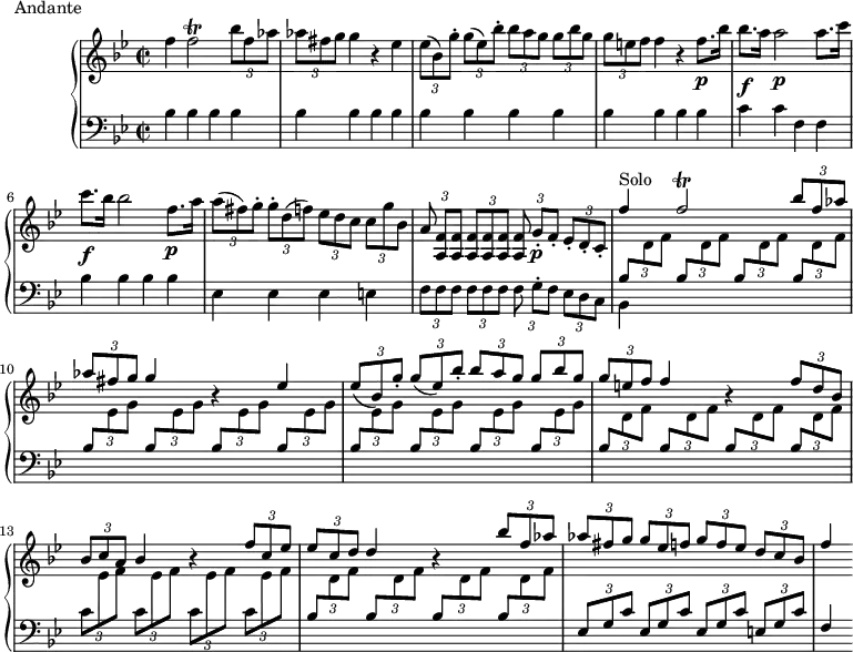 
\version "2.18.2"
\header {
  tagline = ##f
}
upper = \relative c'' {
  \clef treble 
  \key bes \major
  \time 2/2
  \tempo 2 = 48
  \set Staff.midiInstrument = #"Harpsichord"

   %%Andrea Luchesi — Concerto pour clavecin en fa majeur (pdf http://petrucci.mus.auth.gr/imglnks/usimg/f/f8/IMSLP202270-PMLP342837-Harpsichord_concerto-Lucchesi-harps._part.pdf)

   f4 f2\trill \tuplet 3/2 { bes8 f aes } \tuplet 3/2 { aes8[ fis g] } g4 r4 ees
   \tuplet 3/2 { ees8( bes) g'-. } \tuplet 3/2 { g[( ees) bes'-.] } \tuplet 3/2 { bes a g } \tuplet 3/2 { g[ bes g] } \tuplet 3/2 { g e f } f4 r4 f8.\p bes16
   bes8.\f a16 a2\p a8. c16 c8.\f bes16 bes2 f8.\p a16
   \tuplet 3/2 { a8( fis) g-. } \tuplet 3/2 { g-.[ d( f)] } \tuplet 3/2 { ees d c }  \tuplet 3/2 { c[ g' bes,] } 
   \tuplet 3/2 { a8 < f a, >[ q] } \tuplet 3/2 { q q q } \tuplet 3/2 { q g-.[\p f-.] } \tuplet 3/2 { ees-. d-. c-. }

   \stemUp f'4^\markup{Solo} f2\trill \tuplet 3/2 { bes8 f aes } \tuplet 3/2 { aes8[ fis g] } g4 r4 ees
   \tuplet 3/2 { ees8( bes) g'-. } \tuplet 3/2 { g8[( ees) bes'-.] } \tuplet 3/2 { bes8 a g } \tuplet 3/2 { g8[ bes g] } \tuplet 3/2 { g8 e f } f4 r4
   \tuplet 3/2 { f8[ d bes] }
   \tuplet 3/2 { bes8 c a } bes4 r4 \tuplet 3/2 { f'8[ c ees] } \tuplet 3/2 { ees8 c d } d4 r4
   \tuplet 3/2 { bes'8 f aes } \tuplet 3/2 { aes8[ fis g] } \tuplet 3/2 { g8 ees f } \tuplet 3/2 { g8[ f ees] } \tuplet 3/2 { d8 c bes } f'4
 
}

lower = \relative c {
  \clef bass
  \key bes \major
  \time 2/2
  \set Staff.midiInstrument = #"Harpsichord"

   \repeat unfold 16 { bes'4 } c c f, f \repeat unfold 4 { bes } \repeat unfold 3 { ees, } e \repeat unfold 2 { \tuplet 3/2 { f8[ f f] } }
   \tuplet 3/2 { f8 g-.[ f] } \tuplet 3/2 { ees d c } 
   << { \repeat unfold 4 { \tuplet 3/2 { bes'8[ \change Staff = "upper" \stemDown d f] \change Staff = "lower" \stemUp } } } \\ { bes,,4 } >>
   \repeat unfold 8 { \tuplet 3/2 { bes'8[ \change Staff = "upper" \stemDown ees g] \change Staff = "lower" \stemUp } }
   \repeat unfold 4 { \tuplet 3/2 { bes,8[ \change Staff = "upper" \stemDown d f] \change Staff = "lower" \stemUp } }
   \repeat unfold 4 { \tuplet 3/2 { \stemDown c8[ \change Staff = "upper" ees f] \change Staff = "lower" \stemUp } }
   \repeat unfold 4 { \tuplet 3/2 { bes,8[ \change Staff = "upper" \stemDown d f] \change Staff = "lower" \stemUp } }
   \repeat unfold 3 { \tuplet 3/2 { ees,8[ g c] } } \tuplet 3/2 { e,8[ g c] } f,4

}

  \header {
    piece = "Andante"
  }

\score {
  \new PianoStaff <<

    \new Staff = "upper" \upper
    \new Staff = "lower" \lower
  >>
  \layout {
    \override TupletBracket.bracket-visibility = ##f
    \context {
      \Score
      \remove "Metronome_mark_engraver"

    }
  }
  \midi { }
}
