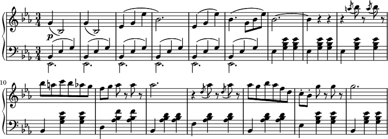 
 \relative c' {
 \new PianoStaff <<
  \new Staff { \key c \minor \time 3/4
    g'( bes,2) | g'4( bes,2) | ees4( g ees' | bes2.) | ees,4( g ees') | bes4.( g8 bes ees) | bes2.~ |\set Score.tempoHideNote = ##t \tempo "" 2. = 48 bes4 r r r \slashedGrace a'8( bes) r \slashedGrace a( bes) r bes8 a c bes aes g f[ g] aes r aes r aes2. r4 \slashedGrace d,8( aes') r \slashedGrace d,( aes') r aes8 g bes aes f d c-.[ bes-.] g' r g r g2.
   }
  \new Dynamics {
  s\p
   }
  \new Staff { \key c \minor \time 3/4 \clef bass
  <<
   { bes,,,4( ees g) bes,( ees g) bes,( ees g) bes,( ees g) bes,( ees g) bes,( ees g)}
  \\
   { ees,2. ees ees ees ees ees }
  >>
{ ees'4 <g bes ees> <g bes ees> ees <g bes ees> <g bes ees> ees <g bes ees> <g bes ees> bes, <g' bes ees> <g bes ees> d <aes' bes f'> <aes bes f'> bes, <aes' bes d> <aes bes d> f <aes bes d> <aes bes d> bes, <aes' bes d> <aes bes d> ees <g bes ees> <g bes ees> bes, <g' bes ees> <g bes ees> }
   }
 >>
 }
