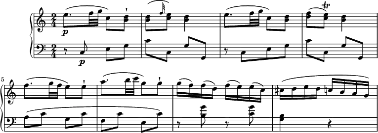 
\version "2.18.2"
\header {
  tagline = ##f
}
upper = \relative c'' {
    \tempo "Allegretto"
    \key c \major
     \time 2/4
    \tempo 4 = 80
   e8. \p (f32 g c,8) <b d>-!
    <b d> ( \grace f'32 <c e>8) <b d>4
    e8.  (f32 g c,8) <b d>
    <d f> (<c e> \trill ) <b d>4
    f'8.  (g32 f e8) e-!
    a8. (b32 c g8) g-!
    g16 (f) f (d) f (e) e (c)
    cis (d e d c b a g)
  }

lower =\relative c' {
    \clef "bass"
    \key c  \major
    \time 2/4
      r8 c, \p e g
      c c, g' g,
      r8 c  [e g]
      c c, g' g,
      a' (c g c f, c' e, c')
      r <b g'> r <c g'>
      <g b>4 r
       
  }
\score {
  \new PianoStaff <<  
    \new Staff = "upper" \upper
    \new Staff = "lower" \lower
  >>
  \layout {
    \context {
      \Score
      \remove "Metronome_mark_engraver"
    }
  }
  \midi { }
}
