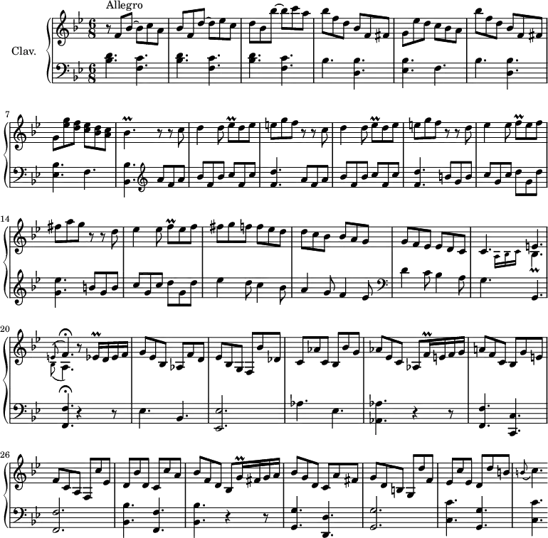 \version "2.18.2"
\header {
tagline = ##f
% composer = "Domenico Scarlatti"
% opus = "K. 172"
% meter = "Allegro"
}
%% les petites notes
trillEesq = { \tag #'print { ees8\prall } \tag #'midi { f32 ees f ees } }
trillBesp = { \tag #'print { bes4.\prall } \tag #'midi { c32 bes c bes~ \tempo 4. = 60 bes4 \tempo 4. =82 } }
trillFqqUp = { \tag #'print { f'16\prall } \tag #'midi { \times 2/3 { f32 g f } } }
trillEesqqUp = { \tag #'print { ees'16\prall } \tag #'midi { \times 2/3 { ees32 f ees } } }
trillGqqUp = { \tag #'print { g'16\prall } \tag #'midi { \times 2/3 { g32 a g } } }
appoEFp = { \tag #'print { \appoggiatura e8 f4.\fermata } \tag #'midi { e4 \tempo 4. = 40 f8 \tempo 4. = 82 } }
appoBesAp = { \tag #'print { \appoggiatura bes8 a4. } \tag #'midi { bes4 \tempo 4. = 40 a8 \tempo 4. = 82 } }
appoBCp = { \tag #'print { \appoggiatura b8 c4. } \tag #'midi { b4 \tempo 4. = 40 c8 \tempo 4. = 82 } }
trillFq = { \tag #'print { f8\prall } \tag #'midi { g32 f g f } }
upper = \relative c'' {
\clef treble
\key bes \major
\time 6/8
\tempo 4. = 82
\set Staff.midiInstrument = #"harpsichord"
\override TupletBracket.bracket-visibility = ##f
s8*0^\markup{Allegro}
r8 f, bes~ bes c a | bes f d'~ d ees c | d bes bes'~ bes c a | bes f d bes f fis |
% ms. 5
g8 ees' d c bes a | bes' f d bes f fis | g < ees' g > < d f > < c ees > < bes d > < a c > | \trillBesp r8 r8 \repeat unfold 2 { c8 | d4 d8 \trillEesq d8 ees |
% ms. 10
e8 g f r8 r8 } d8 | ees4 ees8 \trillFq ees8 f | fis a g r8 r8 d8 |
% ms. 15
ees4 ees8 \trillFq ees8 f | fis g f f ees d | d c bes bes a g | g f ees ees d c |
% ms. 19
c4. << { e4. | \appoEFp } \\ { \grace { \tempo 4. = 40 a,16 bes c } \tempo 4. = 82 \stemDown \trillBesp | \stemDown \appoBesAp } >>
r8 \trillEesqqUp d16 ees f | g8 ees bes aes f' d | ees bes g f bes' des, | c aes' c, bes bes' g |
% ms. 24
aes8 ees c aes \trillFqqUp e!16 f g | a!8 f c bes g' e! | f c a f c'' ees, | d bes' d, c c' a | bes f d bes \trillGqqUp fis16 g a |
% ms. 29
bes8 g d c a' fis | g d b! g d'' f, | ees c' ees, d d' b! | \appoBCp
}
lower = \relative c' {
\clef bass
\key bes \major
\time 6/8
\set Staff.midiInstrument = #"harpsichord"
\override TupletBracket.bracket-visibility = ##f
% ************************************** \appoggiatura a16 \repeat unfold 2 { } \times 2/3 { } \omit TupletNumber
\repeat unfold 3 { < bes d >4. < f c' > } | \repeat unfold 2 { bes4. < d, bes' >
% ms. 5
< ees bes' >4. f } | < bes, bes' >4. \clef treble \repeat unfold 2 { a''8 f a | bes f bes c f, c' |
% ms. 10
< f, d' >4. } b8 g b | c g c d g, d' | < g, ees' >4. b8 g b |
% ms. 15
c g c d g, d' | ees4 d8 c4 bes8 | a4 g8 f4 ees8 \clef bass | d4 c8 bes4 a8 |
% ms. 19
g4. g, | < f f' >4.\fermata r4 r8 | ees'4. bes | < ees, ees' >2. | aes'4. ees |
% ms. 24
< aes, aes' >4. r4 r8 | < f f' >4. < c c' > | < f f' >2. | < bes bes' >4. < f f' > | < bes bes' > r4 r8 |
% ms. 29
< g g' >4. < d d' > | < g g' >2. | < c c' >4. < g g' > | < c c' >
}
thePianoStaff = \new PianoStaff <<
\set PianoStaff.instrumentName = #"Clav."
\new Staff = "upper" \upper
\new Staff = "lower" \lower
>>
\score {
\keepWithTag #'print \thePianoStaff
\layout {
#(layout-set-staff-size 17)
\context {
\Score
\override SpacingSpanner.common-shortest-duration = #(ly:make-moment 1/2)
\remove "Metronome_mark_engraver"
}
}
}
\score {
\keepWithTag #'midi \thePianoStaff
\midi { }
}
