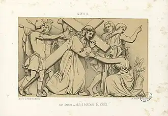 7e&nbsp;station : Jésus portant sa Croix, d'une série sur la Passion du Christ (lithographie, n. d., Fonds Ancely de la Bibliothèque municipale de Toulouse).