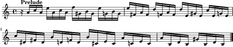 \new Staff \with {
midiInstrument = "acoustic grand"
}
\relative c'' {
\version "2.18.2"
\key a \minor
\time 4/4
\tempo ""
r16^\markup{\larger \bold "Prelude"} a c a e' a, c a f' gis, b gis e' g, b g
e' fis, a fis d' f, a f d' e, gis e c' e, g e
c' dis, fis dis b' d, f d b' cis, e cis a' c, e c
a' b, d b gis' b, d b
\bar "|."
}