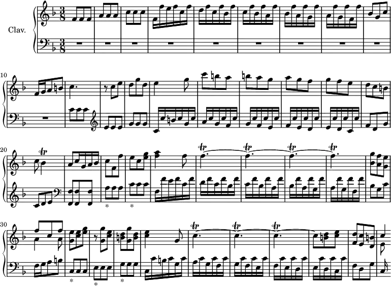 \version "2.18.2"
\header {
tagline = ##f
% composer = "Domenico Scarlatti"
% opus = "K. 82"
% meter = ""
}
%% les petites notes
trillBes = { \tag #'print { bes4\trill } \tag #'midi { c32 bes c bes~ bes8 } }
trillFp = { \tag #'print { f4.\trill~ } \tag #'midi { \repeat unfold 6 { g32 f } } }
trillCp = { \tag #'print { c4.\trill~ } \tag #'midi { \repeat unfold 6 { d32 c } } }
upper = \relative c'' {
\clef treble
\key f \major
\time 3/8
\tempo 2 = 52
\set Staff.midiInstrument = #"harpsichord"
\override TupletBracket.bracket-visibility = ##f
%s8*0^\markup{Allegro}
f,8 f f | a a a | c c c | f,16 f' e f c f | d f c f bes, f' | c f bes, f' a, f' |
% ms. 7
bes, f' a, f' g, f' | a, f' g, f' f, f' | bes,8 g c | f,16 g a8 b | c4. | r8 c8 e | d g d |
% ms. 14
e4 g8 | c b a | b a g | a g f | g f e | d c b | c \trillBes
% ms. 21
a8 c16 g a bes | c8 f, f' | e c < e g > | < f a >4 f8 | \trillFp \repeat unfold 3 { \trillFp }
% ms. 29
< bes, g' >8 < a f' > < g e' > | << { f'8 c f } \\ { a,4 a8 } >> | < g e' >8 < c e > < e g > | r8 < g, g' > < c e > | < b d > < g g' > < b d > | < c e >4 g8 |
% ms. 35
\repeat unfold 3 { \trillCp } | c8 < b d > < c e > | < f, d' > < e c' > < d b' > | << { c'4*1/2 } \\ { e,8 } >>
}
lower = \relative c' {
\clef bass
\key f \major
\time 3/8
\set Staff.midiInstrument = #"harpsichord"
\override TupletBracket.bracket-visibility = ##f
% ************************************** \appoggiatura \repeat unfold 2 { } \times 2/3 { }
R4.*10 | c8 c c | \clef treble e e e | g g g |
% ms. 14
c,16 c' b c g c | a c g c f, c' | g c f, c' e, c' | f, c' e, c' d, c' | e, c' d, c' c, c' | f,8 d g | c, d e | \clef bass
% ms. 21
< f,, f' >8 q q | a'_\markup{*} a a | c_\markup{*} c c | f,16 f' e f c f | d f c f bes, f' | c f bes, f' a, f' | bes, f' a, f' g, f' |
% ms. 28
a, f' g, f' f, f' | bes,8 g c | f,16 g a 8 b | c,8_\markup{*} c c | e_\markup{*} e e | g_\markup{*} g g | c,16 c' b c g c |
% ms. 35
a c g c f, c' | g c f, c' e, c' | f, c' e, c' d, c' | e, c' d, c' c, c' | f,8 d g | c,16
% ms.
}
thePianoStaff = \new PianoStaff <<
\set PianoStaff.instrumentName = #"Clav."
\new Staff = "upper" \upper
\new Staff = "lower" \lower
>>
\score {
\keepWithTag #'print \thePianoStaff
\layout {
#(layout-set-staff-size 17)
\context {
\Score
\override SpacingSpanner.common-shortest-duration = #(ly:make-moment 1/2)
\remove "Metronome_mark_engraver"
}
}
}
\score {
\keepWithTag #'midi \thePianoStaff
\midi { }
}