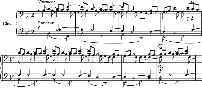 \version "2.18.2"
\header {
tagline = ##f
}
Pralldcr = { \tag #'print { d8\prall } \tag #'midi { d32 ees d16 } }
Mordbescr = { \tag #'print { bes8\mordent\fermata } \tag #'midi { bes32 a bes16 } }
upper = \relative c'' {
\clef treble
\key bes \major
\time 2/2
\override Staff.TimeSignature.style = #'single-digit
\tempo 4 = 180
\tempo "Vivement"
\set Staff.midiInstrument = #"harpsichord"
\mergeDifferentlyDottedOn
\clef bass << { r8^\markup{\italic "Vivement"} bes,8 d4~ d8 c~ < c f~ >4 f8 bes, d4~ d8 c~ < c f~ >4 | f8 } \\ { s8 bes,4 bes8~ bes4. a8~ a8 bes4 bes8~ bes4. a8~ | a8 } >>
<< { a8 bes2 bes8 a | g8 bes ees4. ees8 \Pralldcr c8 | d8 } \\ { a4 g8~ g f~ f4 | g4. g8 a8 r8 r4 | r8 } >>
<< { bes8 d4~ d8 c~ < c f~ >4 f8 bes, d4~ d8 c~ < c f~ >4 | f8 } \\ { bes,4 bes8~ bes4. a8~ a8 bes4 bes8~ bes4. a8~ | a8 } >>
<< { a8 bes2 bes8 a | g8 a bes2 bes8 \tempo 4 = 120 a \tempo 4 = 70 \Mordbescr \tempo 4 = 160 bes8 \tempo 4 = 180 d4~ d8 c8~ < f c >4 } \\ { a,4 g8~ g f~ f4 | g4. f8~ f f~ f4~ f8 bes4 bes8~ bes4. f8~ \hideNotes f8 } >>
}
lower = \relative c {
\clef bass
\key bes \major
\time 2/2
\override Staff.TimeSignature.style = #'single-digit
<< { r4^\markup{Rondeau} s4 f2~ } \\ { s4 bes,4( f' f,) } >>
\bar ".|:"
% mes 5
<< { f'4 f2 ees4~ ees d2 d4~ d c2 f4~ f f2 f4~ f f2 ees4~ ees d2 d4~ d c2~ < ees c >4 r4\fermata f2 f4~ \bar ":|." \hideNotes f8 } \\ { bes,2\( f g d\) ees2\( f bes f\) bes2( f) g( d) ees( f) < d' bes >( f,) } >>
}
thePianoStaff = \new PianoStaff <<
\set PianoStaff.instrumentName = #"Clav."
\new Staff = "upper" \upper
\new Staff = "lower" \lower
>>
\score {
\keepWithTag #'print \thePianoStaff
\layout {
\context {
\Score
\remove "Metronome_mark_engraver"
}
}
}
\score {
\keepWithTag #'midi \thePianoStaff
\midi { }
}
