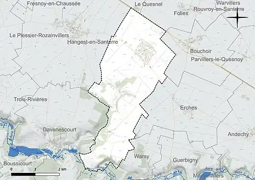 Carte en couleur présentant le réseau hydrographique de la commune