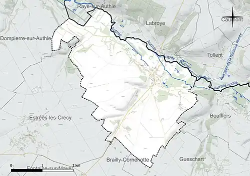 Carte en couleur présentant le réseau hydrographique de la commune