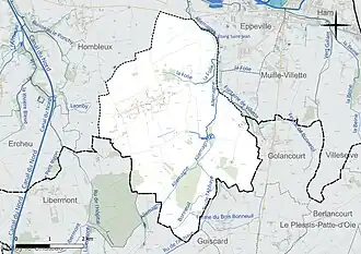 Carte en couleur présentant le réseau hydrographique de la commune