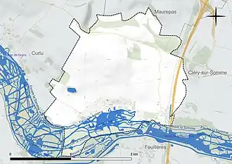 Carte en couleur présentant le réseau hydrographique de la commune
