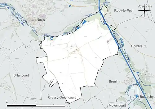 Carte en couleur présentant le réseau hydrographique de la commune