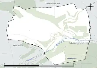 Carte en couleur présentant le réseau hydrographique de la commune