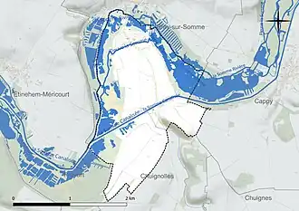 Carte en couleur présentant le réseau hydrographique de la commune