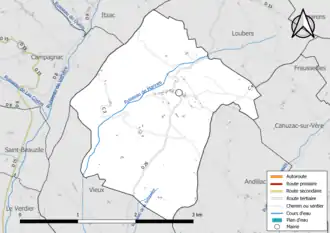 Carte en couleur présentant le réseau hydrographique de la commune
