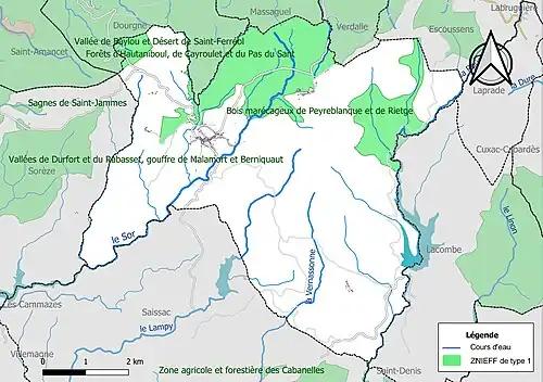 Carte des ZNIEFF de type 1 sur la commune.