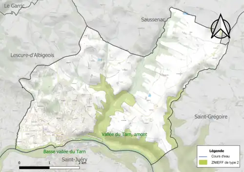 Carte des ZNIEFF de type 2 sur la commune.