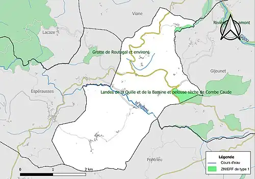 Carte des ZNIEFF de type 1 sur la commune.