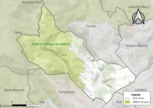 Carte de la ZNIEFF de type 2 sur la commune.