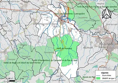Carte des ZNIEFF de type 1 sur la commune.