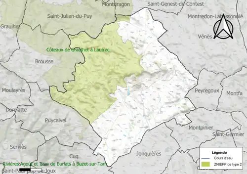 Carte de la ZNIEFF de type 2 sur la commune.