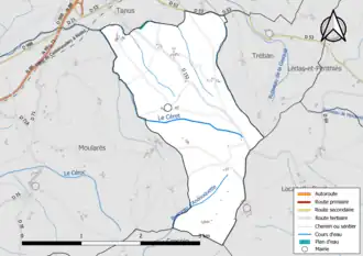 Carte en couleur présentant le réseau hydrographique de la commune