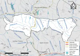 Carte en couleur présentant le réseau hydrographique de la commune