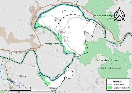 Carte des ZNIEFF de type 1 sur la commune.