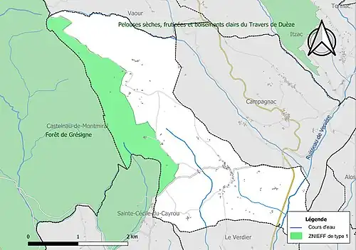 Carte de la ZNIEFF de type 1 sur la commune.