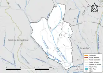 Carte en couleur présentant le réseau hydrographique de la commune