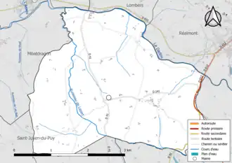 Carte en couleur présentant le réseau hydrographique de la commune