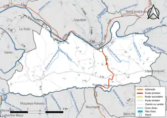 Carte en couleur présentant le réseau hydrographique de la commune