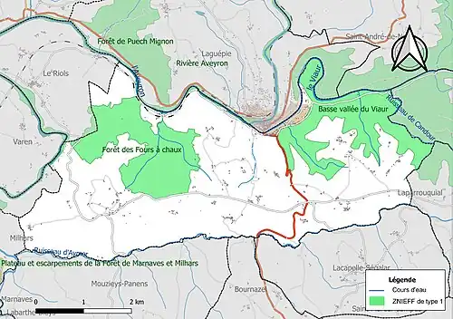 Carte des ZNIEFF de type 1 sur la commune.