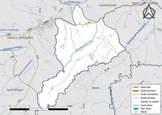 Carte en couleur présentant le réseau hydrographique de la commune
