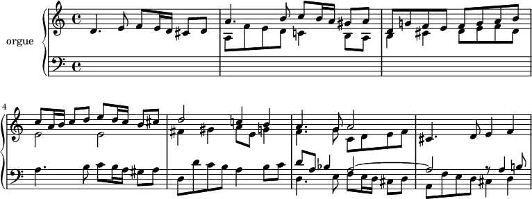 \version "2.18.2"
\header {
tagline = ##f
}
upper = \relative c' {
\clef treble
\key c \major
\time 4/4
\tempo 4 = 70
\tempo "Presto"
\set Staff.midiInstrument = #"recorder"
%%% Dopo l'Epistola (Canzon)
d4. e8 f8 e16 d cis8 d
<< { a'4. b8 c8 b16 a gis8 a } \\ { a,8 f' e d c!4 b8 a } >>
<< { d8 g! f e f g a b } \\ { b,4 cis d8 e f d } >>
%% ms 4
<< { c'8 a16 b c8 d e d16 c b8 cis } \\ { e,2 e } >>
<< { d'2 c!4 b } \\ { fis4 gis a8 e g!4 } >>
<< { a4. g8 a2 } \\ { f4. g8 c, d e f } >>
cis4. d8 e4 f
}
lower = \relative c {
\clef bass
\key c \major
\time 4/4
\set Staff.midiInstrument = #"recorder"
s1*3 a'4. b8 c8 b16 a gis8 a d, d' c b a4 b8 c
<< { d8 a bes4 a2~ } \\ { d,4. e8 f8 e16 d cis8 d } >>
<< { a'2 r8 a4 b!8 } \\ { a,8 f' e d cis4 d } >>
}
\score {
\new PianoStaff <<
\set PianoStaff.instrumentName = #"orgue"
\new Staff = "upper" \upper
\new Staff = "lower" \lower
>>
\layout {
\context {
\Score
\remove "Metronome_mark_engraver"
}
}
\midi { }
}