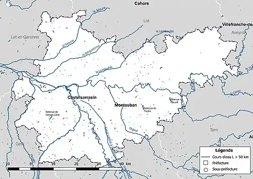 Carte des cours d'eau de longueur supérieure à 50&nbsp;km de Tarn-et-Garonne.