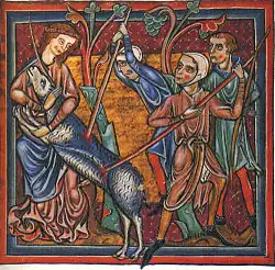 trois hommes achèvent une licorne qui se repose dans les bras d'une femme