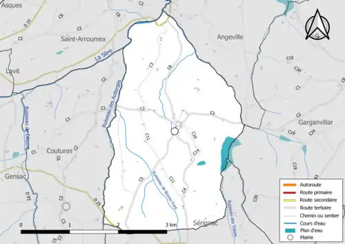 Carte en couleur présentant le réseau hydrographique de la commune