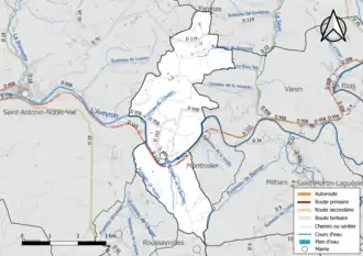 Carte en couleur présentant le réseau hydrographique de la commune
