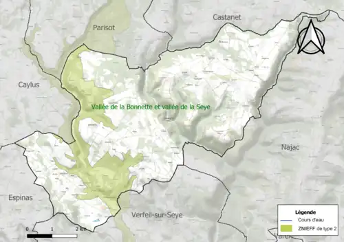 Carte de la ZNIEFF de type 2 sur la commune.