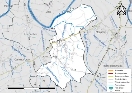 Carte en couleur présentant le réseau hydrographique de la commune